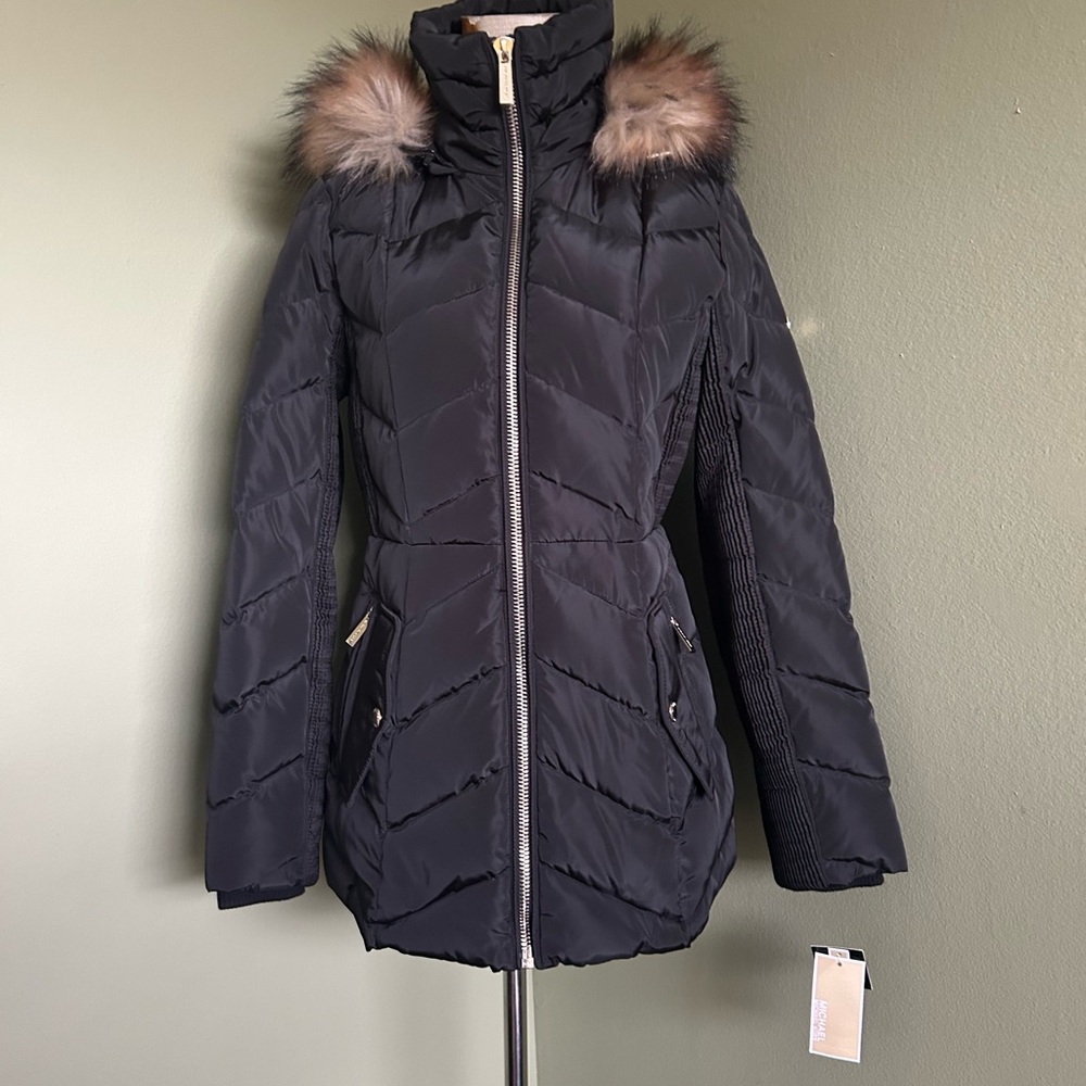 Michael Kors Down Black Coat with Faux Fur Hood NWT